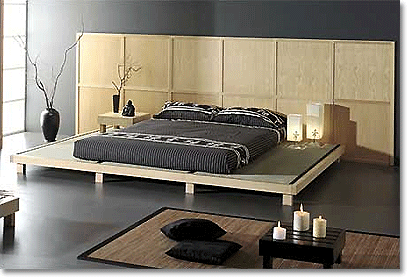 tatami platform bed with geometric headboard