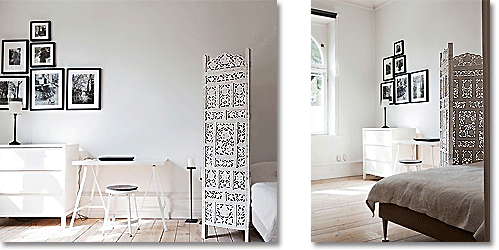 Contemporary Swedish bedroom with white fretwork screen