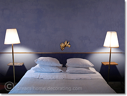 French bedroom in bluish purples with gilt accents