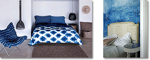 indigo and white fabrics and bedroom walls