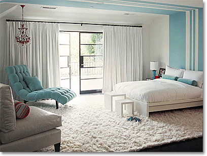 White and turquoise midcentury inspired bedroom