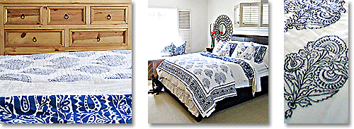 blue and white fabrics mixed with orange wood tones