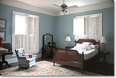 Southern colonial aqua and white bedroom