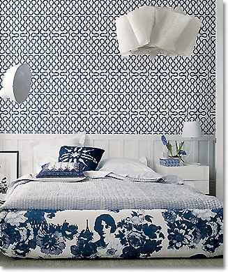 bedroom in a blue & white pattern mix