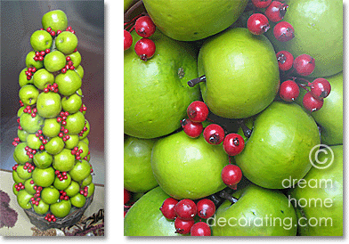 hot-glued apple pyramid with winter berries