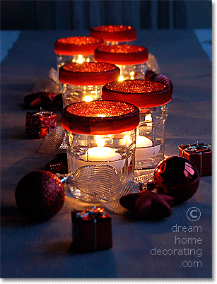 christmas table centerpiece with jam jars and floating candles