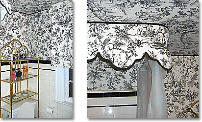 bathroom overdecorated in black toile de jouy