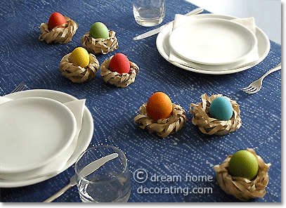 Easter table centerpiece with hand-dyed eggs and paper Easter nests