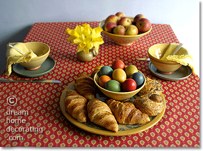 Simple Easter table center piece: hand-dyed Easter eggs and French bread rolls