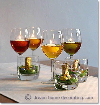 Easter centerpiece made with floating candles and mini Easter nests in glass tumblers
