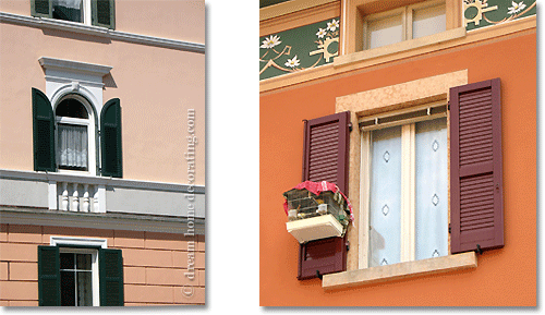 Italian outside window shutters with additional facade decoration