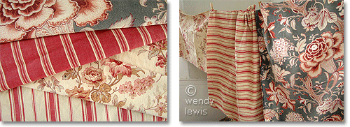 antique French ticking and vintage prints