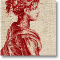girl's head on a swatch of Toile de Jouy