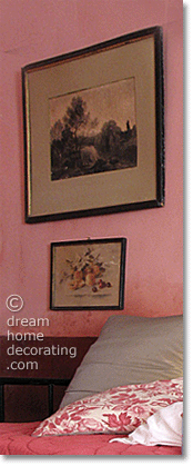 copperplate engravings on a pink wall, Provence
