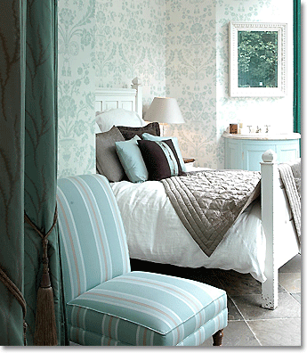 bedroom in mint green with olive & silver