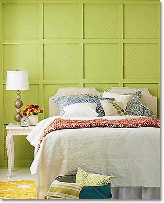 avocado/lime bedroom with accents in lemon, olive, vermilion and cobalt blue