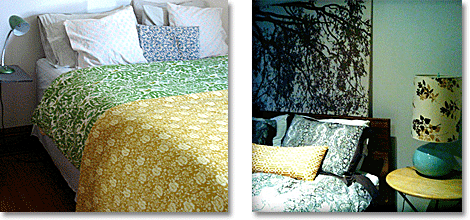 bedrooms in mustard, teal and green