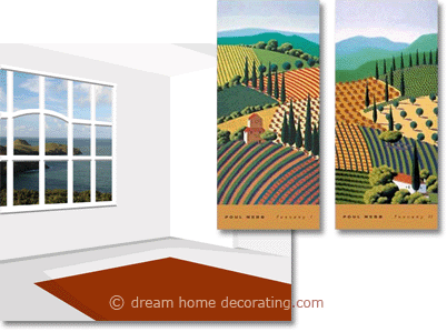 white room, red rug, tuscan wall art