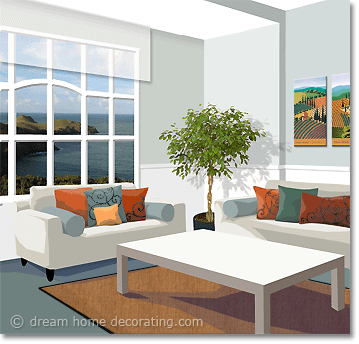 living room color scheme in grey & apricot