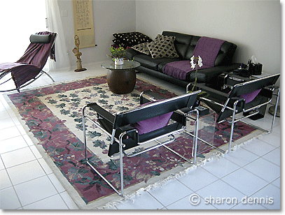 white Arizona living room with black furniture and a purple/grey/green oriental rug