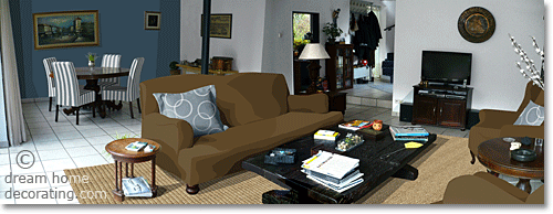 German living room in sand, white, brown and blue