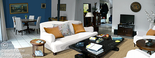 white living room illustration with florals, leather and a coir rug