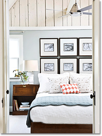 neutral brown and white bedroom with small color accents