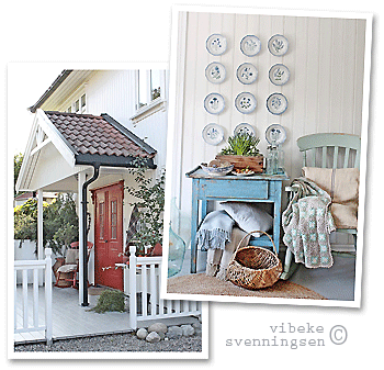 entrance to Norwegian country house porch and antique painted furniture in pastels