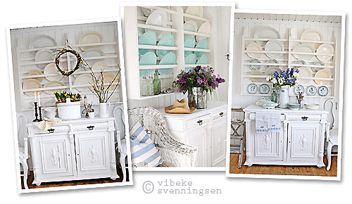Gustavian white dresser and plate rack in a Norwegian country cottage