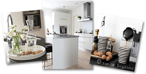 Contemporary Norwegian kitchen with accessories in black, white and neutrals