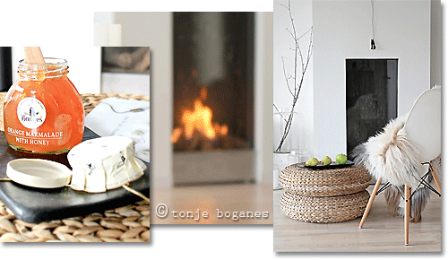 Contemporary Norwegian interior decorating: fireplace with Eames chair and animal pelt