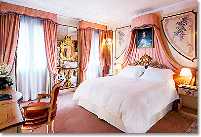 Salmon pink, gold and white bedroom from Venice, Italy.