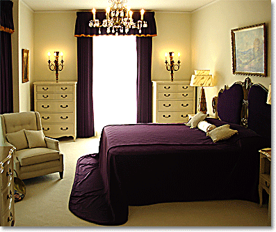 Elvis Presley's parents' bedroom at Graceland in deep purple and cream