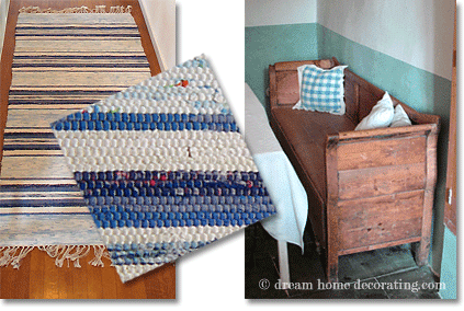 swedish wooden bench and rag rug