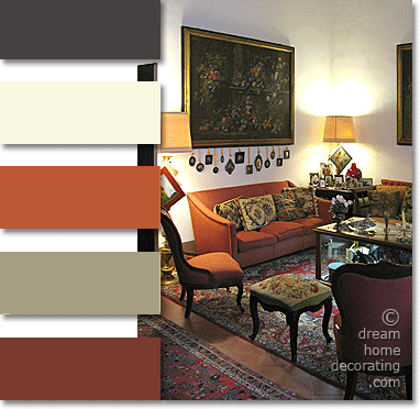 Palazzo living room in rust, terra cotta and ecru colors, Volterra, Tuscany, Italy