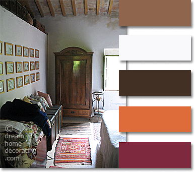 Tuscan colors in a farmhouse bedroom near San Gimignano, Tuscany, Italy