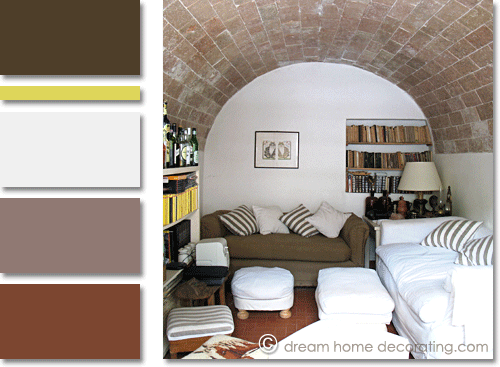 tiny living room in a Tuscan farmhouse with a barrel-vault brick ceiling, San Gimignano area, Tuscany, Italy