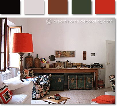 Tuscan townhouse living room in white, black, green and scarlet, San Gimignano, Tuscany, Italy