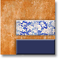 Deep ochre and blue/white patterned swatch