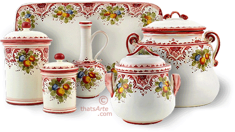 majolica kitchenware with canisters from Tuscany