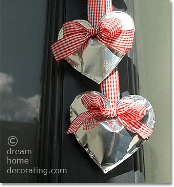 front door decoration with silver valentine hearts, made from coffee bags