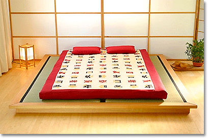 tatami platform bed with backlit shoji screen for a headboard
