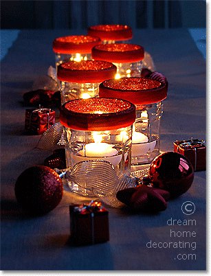 christmas table centerpiece with jam jars and floating candles