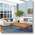 living room illustration in complementary orange-blue palette