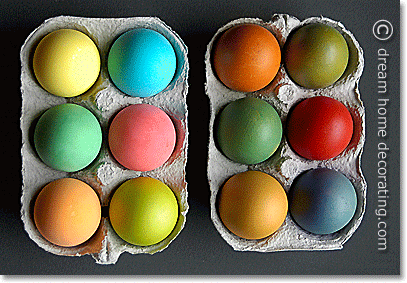 Dyed Easter eggs made from brown chicken eggs and white duck eggs