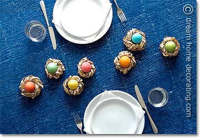 Easter table centerpiece with hand-dyed eggs and paper Easter nests