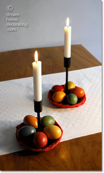 Easter egg centerpieces: Candlesticks and hand-dyed Easter eggs