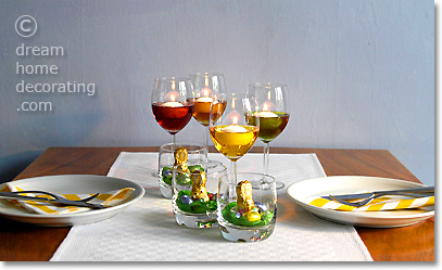 Quick & easy Easter table decorating idea with floating candles and mini Easter nests in glass tumblers