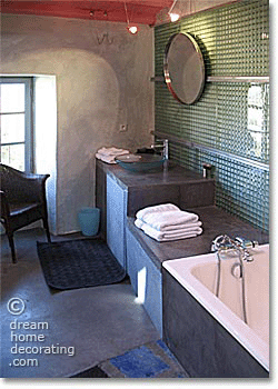 green (glass), red and grey contemporary rustic French bathroom