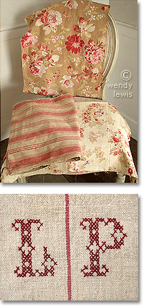 antique French ticking, hand block printed cottons & monogrammed linen